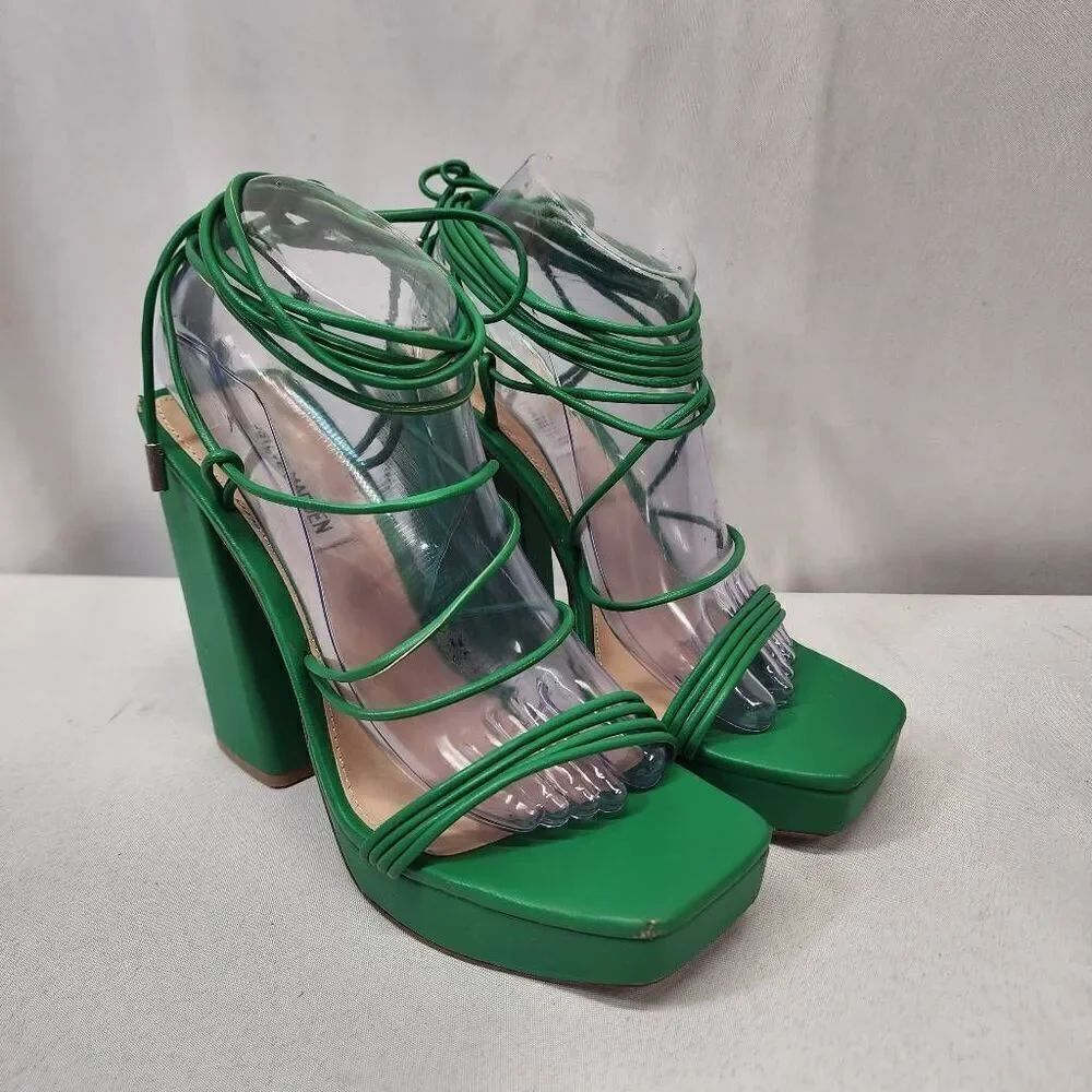 Steve Madden Manzie Green Lace Up Block Heel Squared Open Toe Heeled Sandals 9